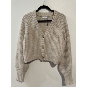 DISSH Womens Beige Ribbed Chunky Knit Cropped Cardigan Wool Blend Size 8 AU
